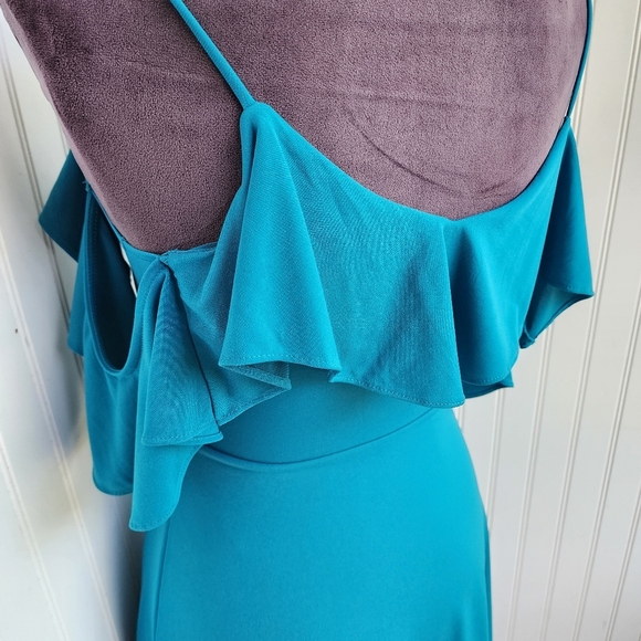Express Mini Dress Womens Teal Ruffle Cold Shoulder Party Date Night  Stretch XS - Picture 7 of 12